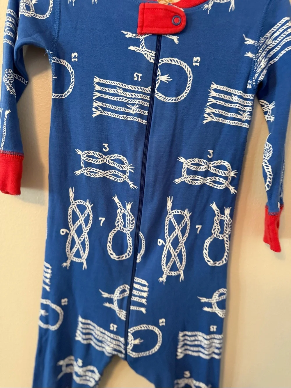 The Beaufort Bonnet Company Blue Knot-Print One-Piece Pajamas with Red Trim